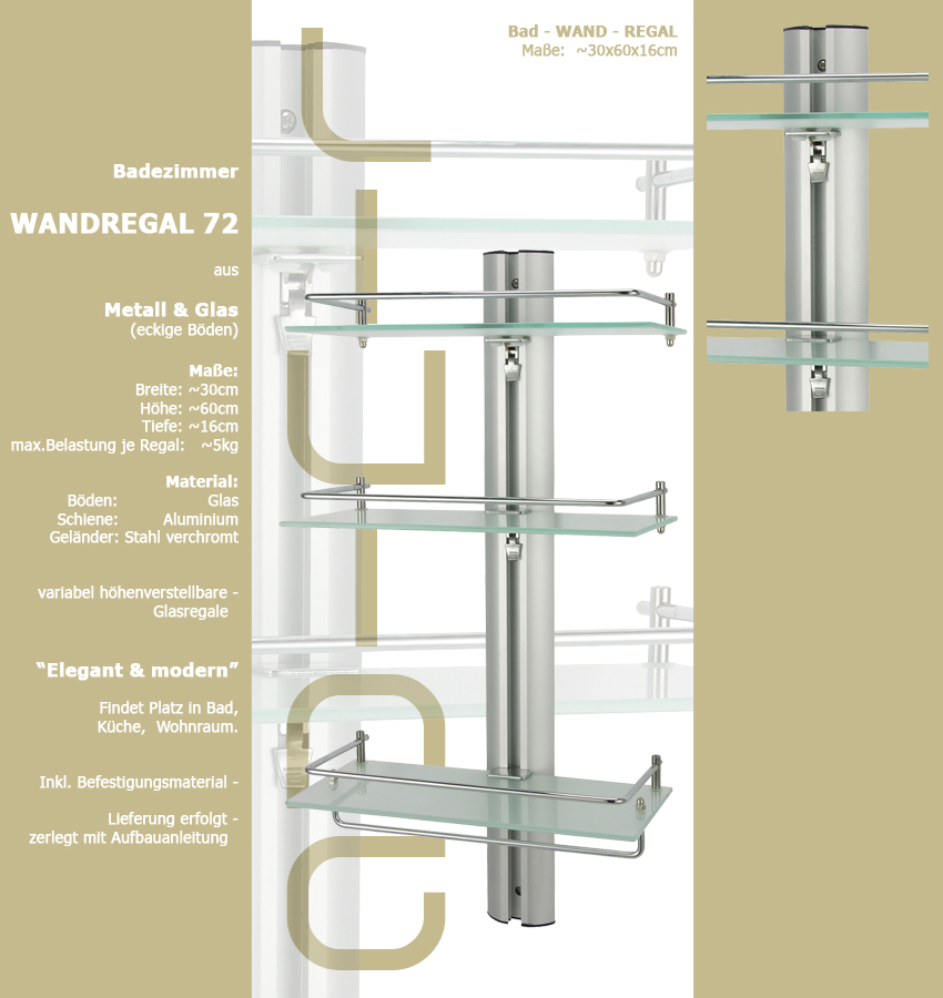 WANDREGAL eckig 72 Glas Chrom Badregal Duschregal Regal Badezimmerregal
